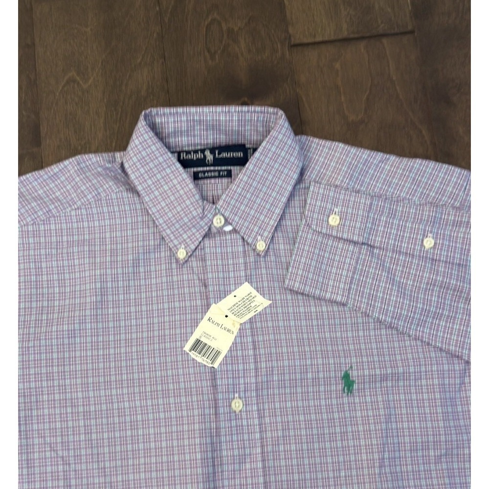 NWT Ralph Lauren Mens S Classic Fit Purple Plaid Button Down Shirt Green Pony